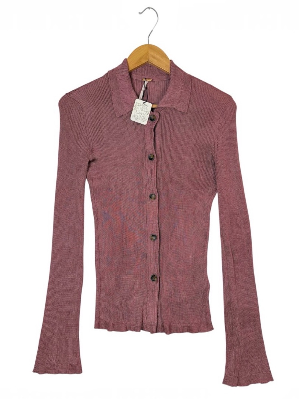 NWT Free People Mauve Ribbed Knit Button Front Cardigan XS Collared Sweater Y2K